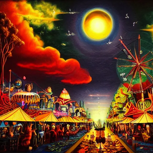 Prompt: ultra realist soft painting of a curiosities carnival by night, nightmare fuel, omnious sky, symmetry accurate features, very intricate details, film noir, volumetric clouds