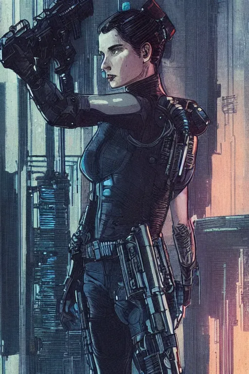 Image similar to selina. blackops mercenary in near future tactical gear, stealth suit, and cyberpunk headset. Blade Runner 2049. concept art by James Gurney and Mœbius.