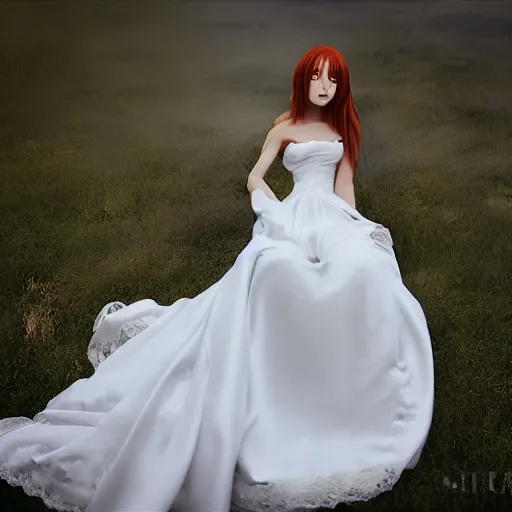 Prompt: orihime wearing wedding dress by wlop