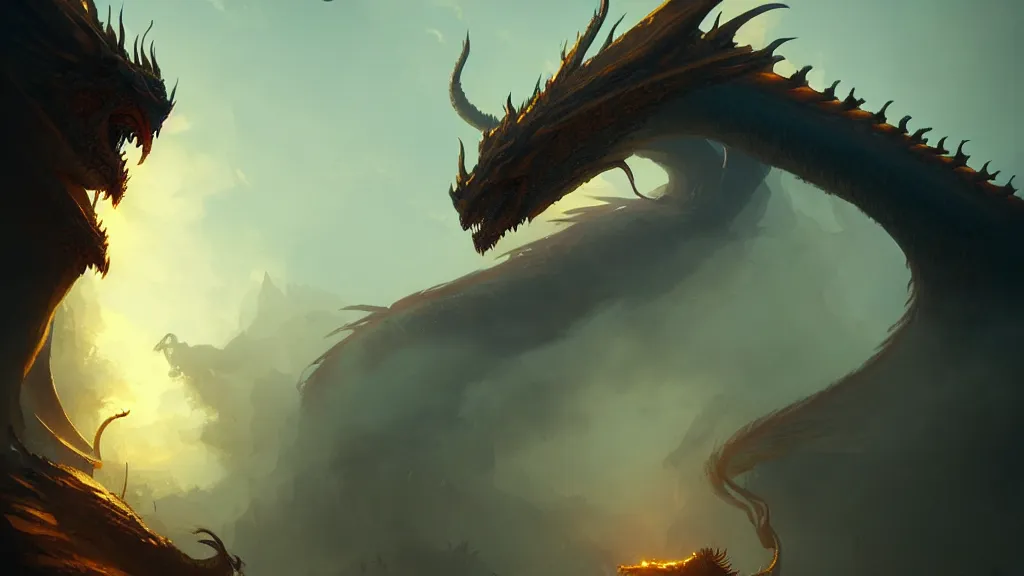 Image similar to a dragon, low angle, cinematic, golden hour, by greg rutkowski, artstation, hd, mist