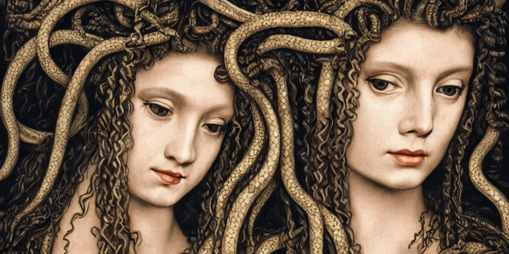 Prompt: realistic portrait of a beautiful medusa with her snakes in the hair, 1450, ink, ultra realistic, 8k