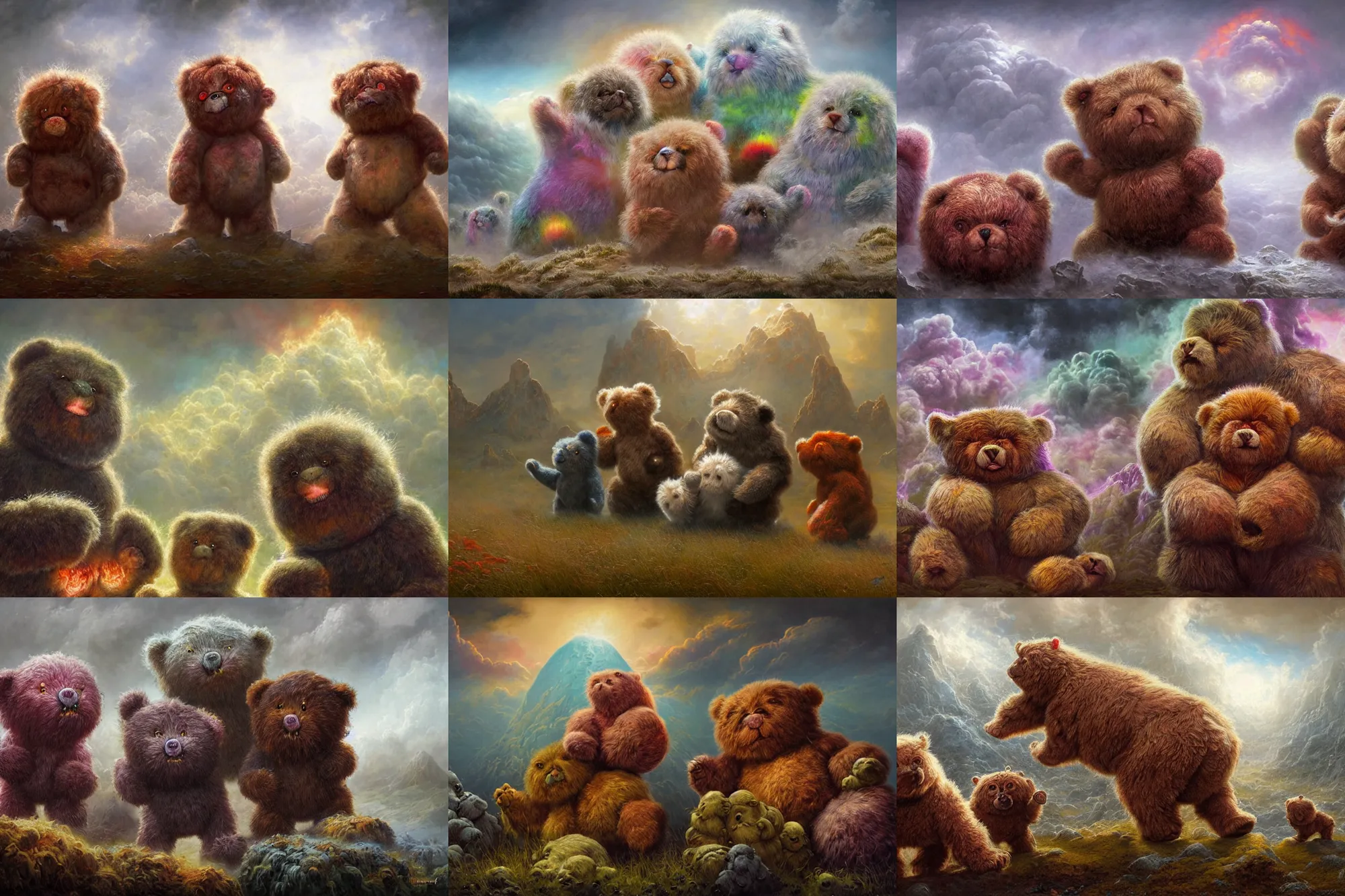 Prompt: highly detailed elden ring portrait photo of multicolored furbolg care bears with different symbol burned on their bellies, tormenting the souls of the damned ontop a white cloud landscape in hell, hyperrealistic illustration by william didier pouget and tomasz alen kopera