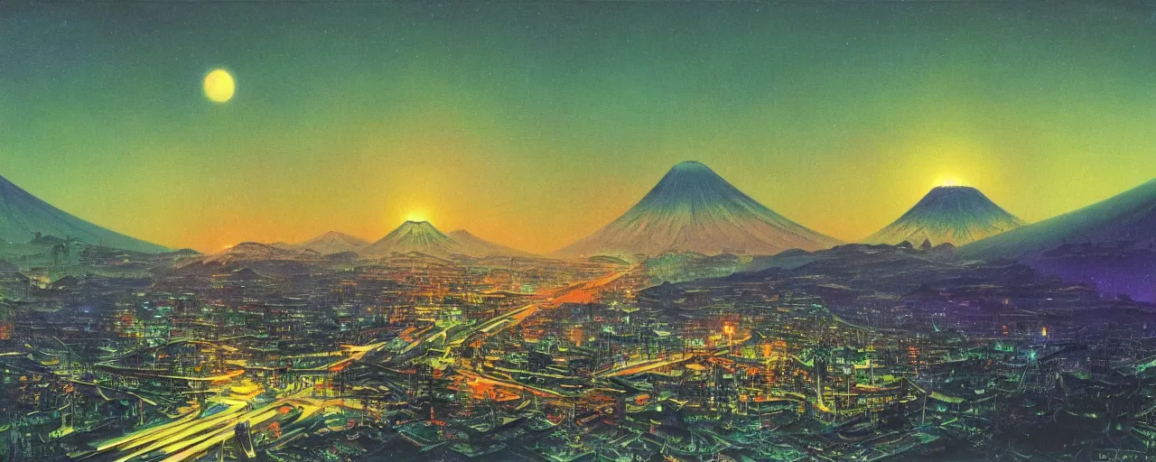 Image similar to awe inspiring bruce pennington landscape, digital art painting of 1 9 6 0 s, japan at night, 4 k, 8 k, detailed