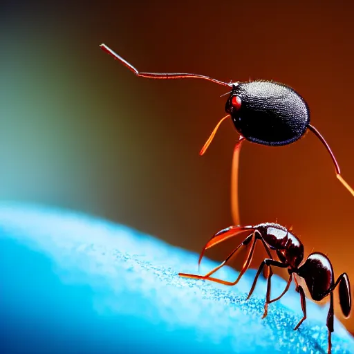 Prompt: macro photo of an ant drinking water, close - up photo, hyper realistic, bokeh.