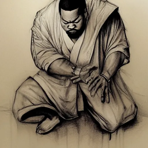 Image similar to pencil sketch of raekwon of wutang clan praying in front of a shaolin temple art by kim jung gi