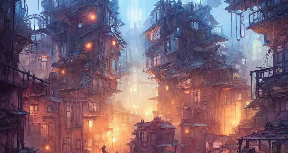 Image similar to landscape painting of the slums at the bottom of a fantasy metal steampunk city that has a light blue glow with walkways and lit windows, magali villeneuve, artgerm, rutkowski