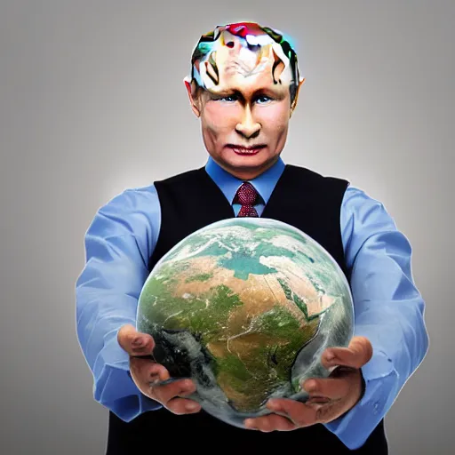 Image similar to photo of robotic putin holding earth in his hands