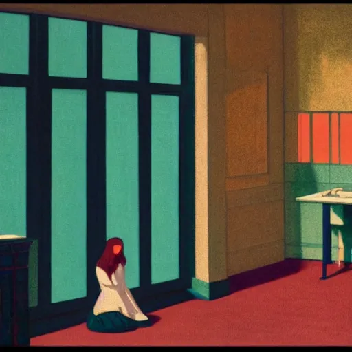 Image similar to a lonely girl in a room, film still by wes anderson, depicted by mackintosh, limited color palette, very intricate, art nouveau, highly detailed, lights by hopper, soft pastel colors, minimalist