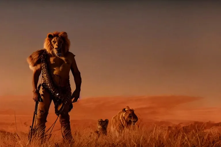 Image similar to simba ( from the lion king ), heavily armed and armored facing down armageddon in a dark and gritty version from the makers of mad max : fury road : witness me