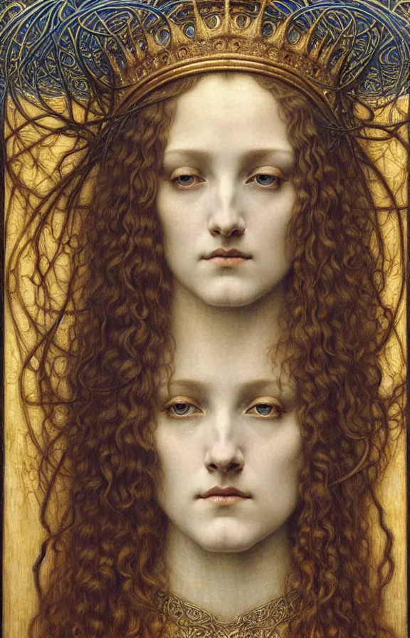 Image similar to detailed realistic beautiful young medieval queen face portrait by jean delville, gustave dore and marco mazzoni, art nouveau, symbolist, visionary, gothic, pre - raphaelite. horizontal symmetry