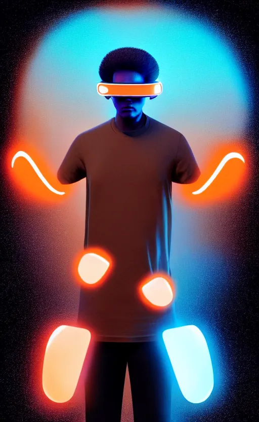 Image similar to handsome black genius hacking the metaverse, vr headset, white t - shirt and jordans floating, three dimensional holographs and translucent orange glow, highly detailed, digital painting, artstation, concept art, smooth, sharp focus, illustration, art by wlop, uang guangjian and gil elvgren and sachin teng and greg rutkowski