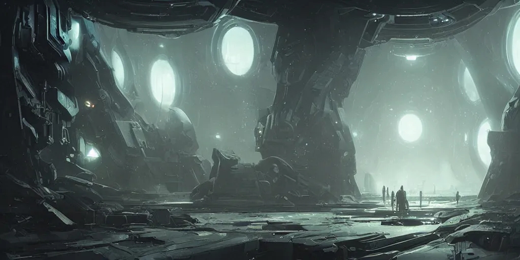 Image similar to sci - fi dark space void, greg rutkowski, 8 k, shallow depth of field, intricate detail, concept art,