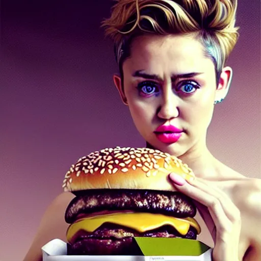Image similar to Miley Cyrus eating a mcdonald's big mac hamburger, dripping BBQ Sauce, serving burgers, intricate, elegant, feminine ethereal, sacred geometry, fractal french fries, magical mystical, highly detailed, digital painting, artstation, concept art, matte, sharp focus, hyperreal, art by Artgerm and Greg Rutkowski and Alphonse Mucha