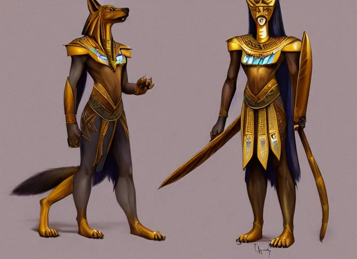 Image similar to award winning concept art fullbody egyptian wolf anubis character design of a egyptian anubis monster wolf. egyptian wolf deviantart adoptable, deviantart species style of maple story and rossdraws, artgerm, studio lighting by jessica rossier and brian froud, traditional, artstationhd artstation, disney, hq textures