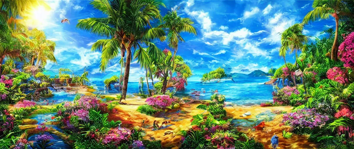 Image similar to beautiful Paradise, sunny, photorealistic, masterpiece, award winning landscape photo, hyperdetailed