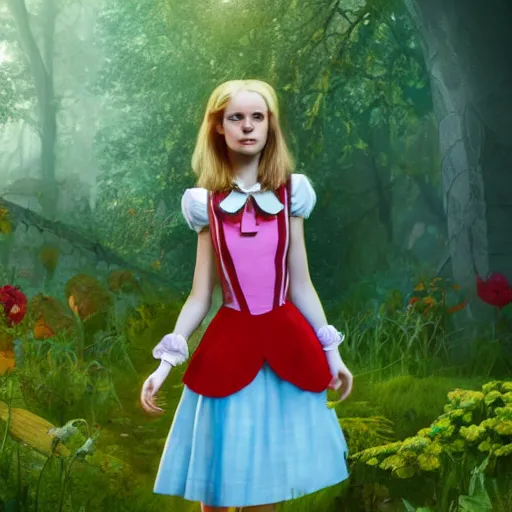 Prompt: teenager alice, alice in wonderland theme, photo realistic, disney, octane render, 8 k, unreal engine, hd, cinematic lighting