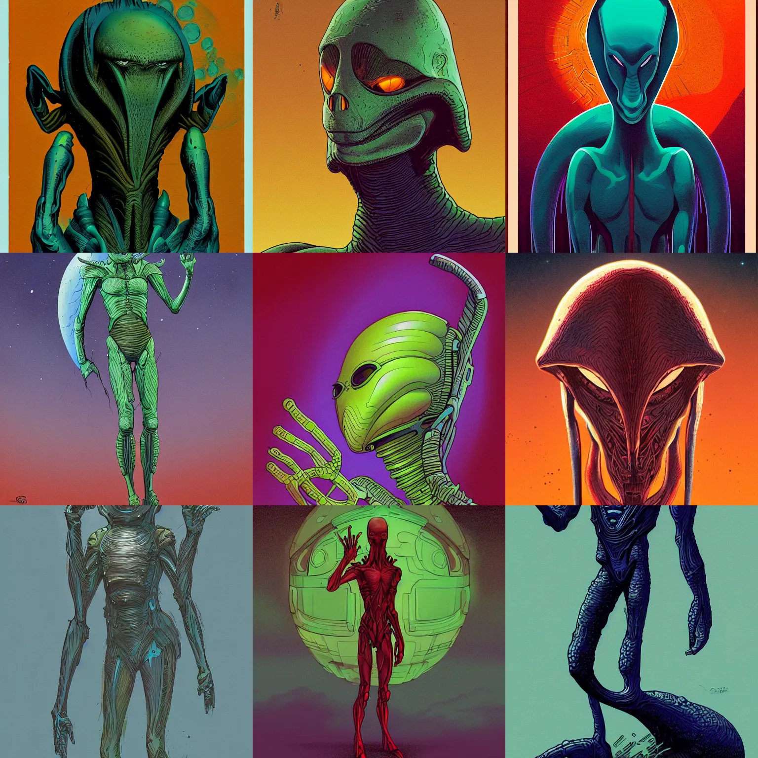 Prompt: an illustration of an sci - fi alien species in style of michael whelan, poster color on paper. deep color palette. crisp, flat, modern illustration, detailed pen strokes.