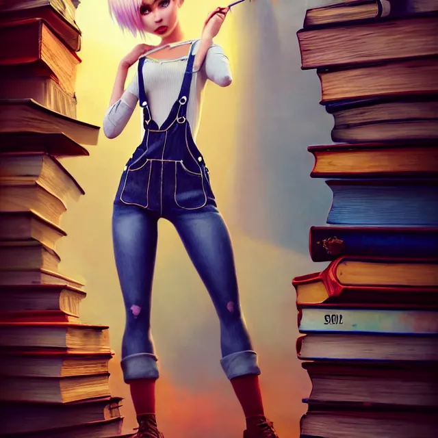 Image similar to full body pose, beautiful adult fairy, pixar, short white hair shaved sides, dirty, grungy, grunge, long sleeve, painted overalls, stacks of giant books, highly detailed, 4 k, hdr, smooth, sharp focus, high resolution, award - winning photo, artgerm, photorealistic