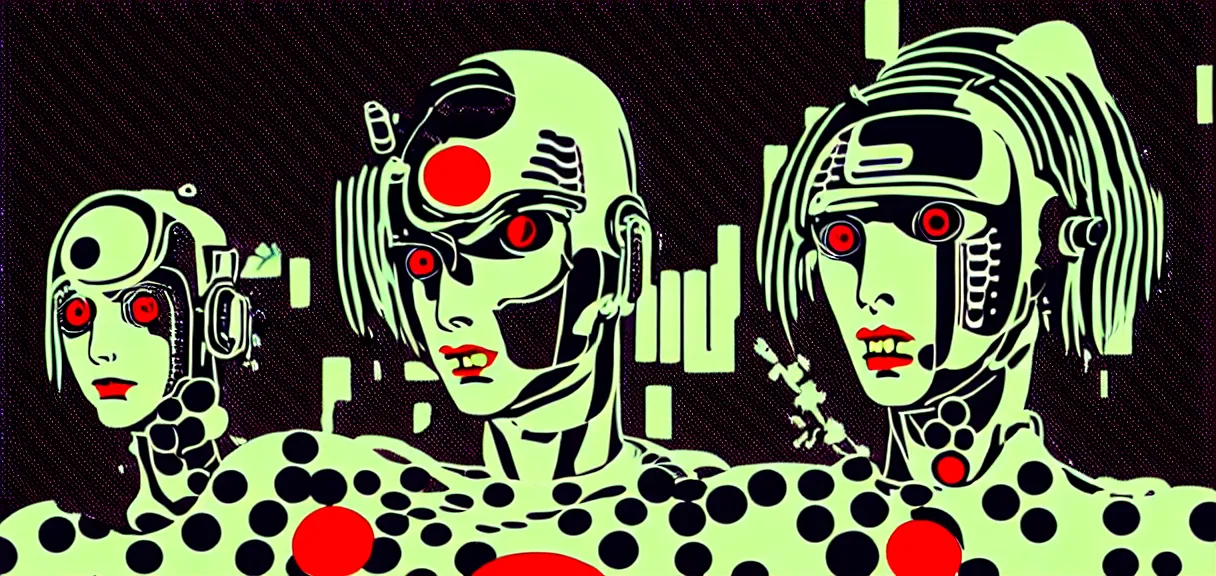 Image similar to ⚠ 👽 💉 ☠ 💢 😱 futuristic japanese cyberpunk by roy lichtenstein, by andy warhol, ben - day dots, pop art, bladerunner, pixiv contest winner, cyberpunk style, cyberpunk color scheme, mechanical, high resolution, hd, intricate detail, fine detail, 8 k