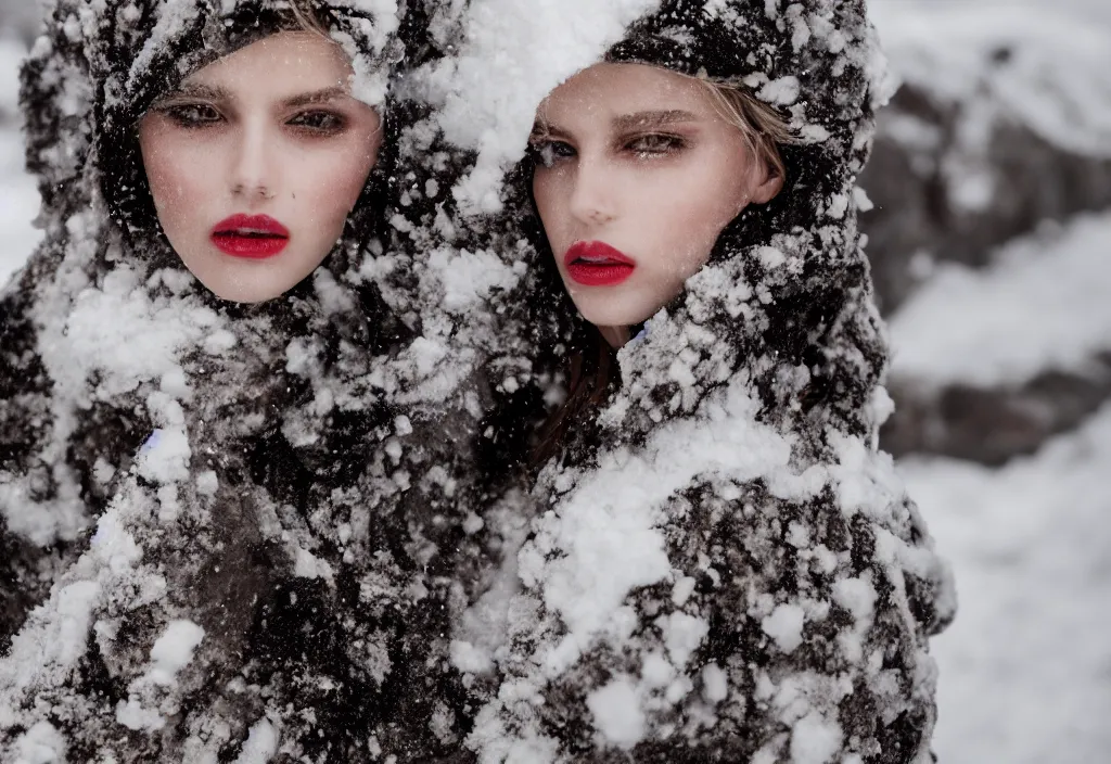 Prompt: fashion editorial in snow avalanche. highly detailed. depth of field. high definition. 8k. photography.