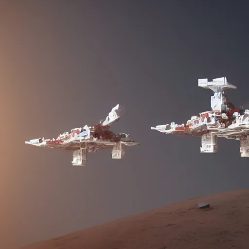 Image similar to two white very long intricate spacecraft with minor red details, flying in formation above the surface of mars, highly detailed, photorealistic, cinematic, sci-fi, octane render, bird\'s eye view