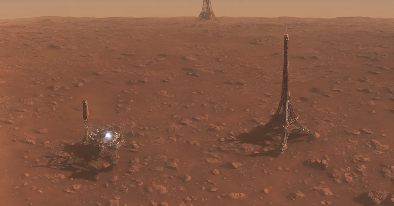 Image similar to spacecraft in the shape of the eiffel tower just landing on mars, photorealism, journalistic photography, super detail, composition, qualitative photography, vray shading, unreal engine