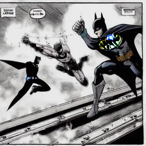 Prompt: standoff between batman and one punch man, on a train roof, in egypt, very detailed and realistic