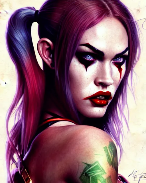 Image similar to portrait of megan fox as harley quinn, dc, comics, joker, intricate, headshot, highly detailed, digital painting, artstation, concept art, sharp focus, cinematic lighting, illustration, art by artgerm and greg rutkowski, alphonse mucha, cgsociety