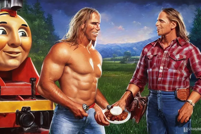 Image similar to portrait of wwf shawn michaels and thomas the tank engine sharing hotdogs, an oil painting by ross tran and thomas kincade