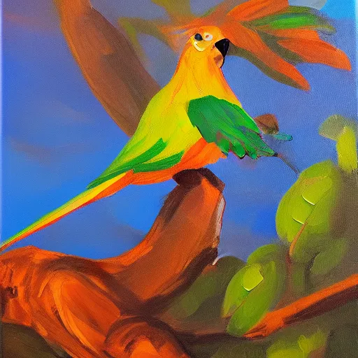 Prompt: an oil painting of a parrot sitting on a branch, with a blue sky behind