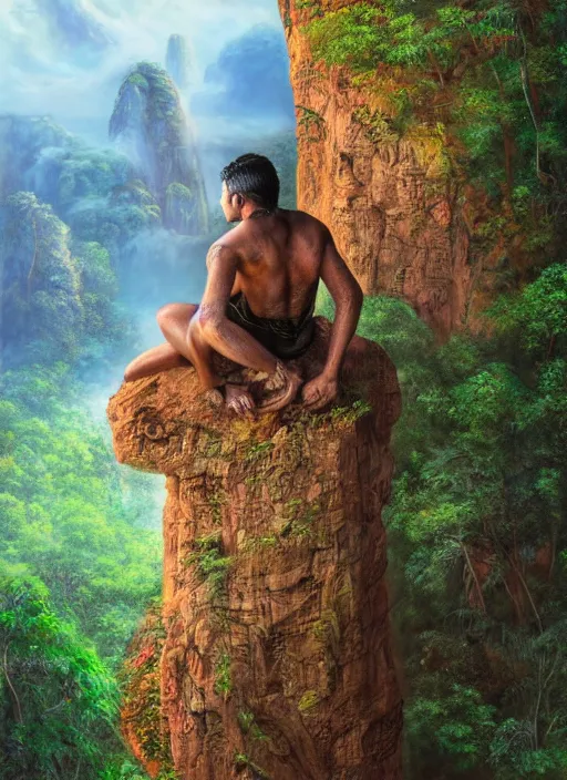 Image similar to a young indigenous amazon man standing at the top of a cliff, matte painting, ayahuasca, fantasy art, highly detailed