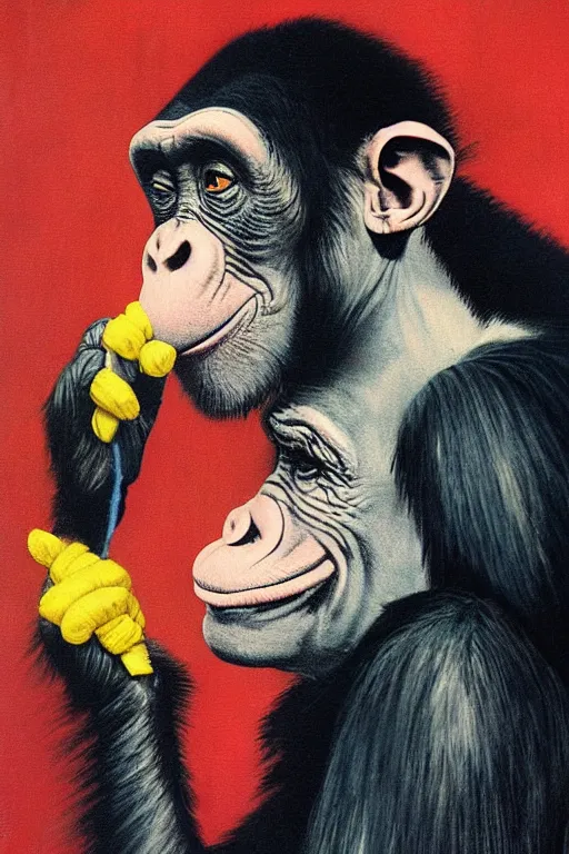 Prompt: a chimp in a clown suit, smoking a cigarette, painted by Norman Rockwell