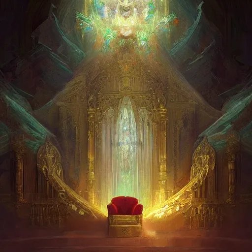 Image similar to a throne in heaven. On the throne sat someone who shone like a diamond or a ruby. Around the throne, a rainbow shone like an emerald. ,digital Art, hiperrealist Detailed, cinematographic, artstation Greg rutkowski