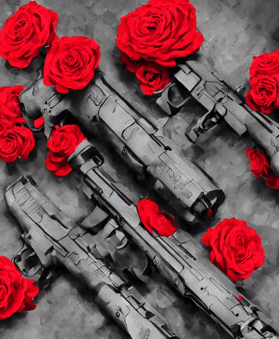 Image similar to close up guns and red roses, ultra detailed, photorealistic, trending on artstation, 4 k, 8 k