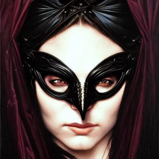 Image similar to portrait of a young woman in a raven masquerade mask, dark, piercing eyes, exotic expression, esoteric clothing, photorealistic, highly detailed, mysterious lighting, artstation, smooth, sharp focus, art by michael whelan, artgerm, greg rutkowski and alphonse mucha