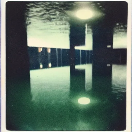 Prompt: a flooded parking garage with lights under the surface of the water, surreal, liminal, polaroid,