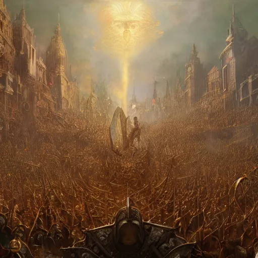 Image similar to artstation concept of a god in armor standing in a crowd gettig cheered, man with arms wide open, bright colorful, gold, hyperdetailed, artstation trending, world renowned artists, worth 1 0 0 0. com, historic artworks society, antique renewel, cgsociety, by greg rutkowski, by gustave dore, deviantart