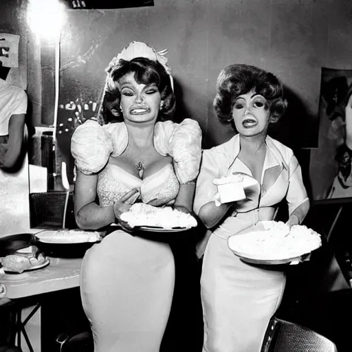 Prompt: candid photo of Sophia Loren and Gina Lollobrigida in a pie eating contest, photo by Herman Leonard