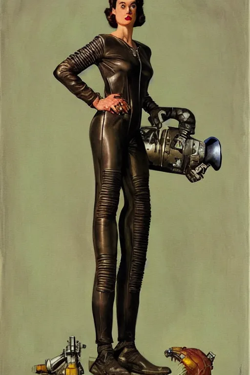 Image similar to 5 0 s pulp scifi fantasy illustration full body portrait slim mature woman in leather spacesuit in room, by norman rockwell, roberto ferri, daniel gerhartz, edd cartier, jack kirby, howard v brown, ruan jia, tom lovell, frank r paul, jacob collins, dean cornwell, astounding stories, amazing, fantasy, other worlds