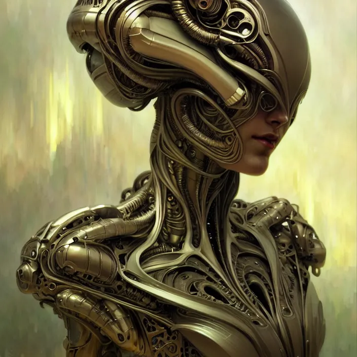 Image similar to organic cyborg, alien, diffuse lighting, fantasy, intricate, elegant, highly detailed, lifelike, photorealistic, digital painting, artstation, illustration, concept art, smooth, sharp focus, art by John Collier and Albert Aublet and Krenz Cushart and Artem Demura and Alphonse Mucha