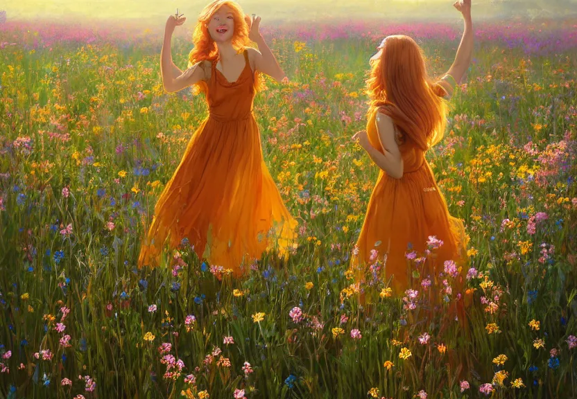 Image similar to a happy woman with copper hair and a flowing yellow sundress dancing in a field of wildflowers, with cute - fine - face, pretty face, realistic shaded perfect face, fine details by realistic shaded lighting poster by ilya kuvshinov katsuhiro otomo, magali villeneuve, artgerm, jeremy lipkin and michael garmash and rob rey