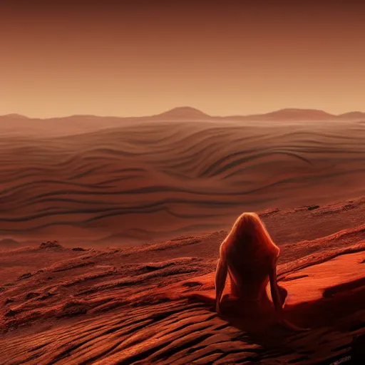 Image similar to Still of a Martian woman with gorgeous flowing hair on Mars, sitting on a Martian rock, reddish atmosphere with detailed highlights, dark gloomy sky cascading upon the atmosphere, well-detailed ornate Martian mountains in the background, trending on artstation, 4k, 8k