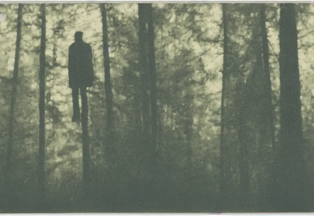 Prompt: vintage polaroid photograph of a silhouette of a man standing in a forest