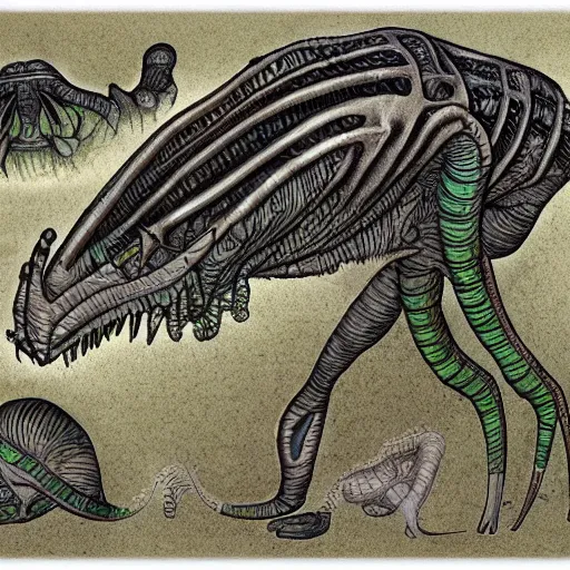 Prompt: detailed rendering of alien fauna from the moleskin notepad of a xenobiologist