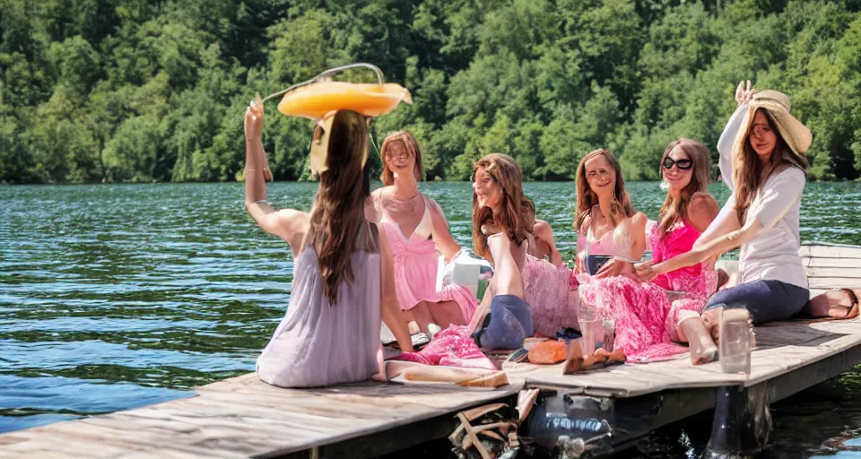 Image similar to storyboard of girls weekend on a lake, mimosas