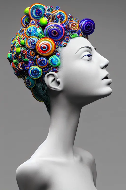 Image similar to 3 d full head and shoulders beautiful white porcelain woman smooth with colourful big eyeballs all through her hair, ornate detailed hair, 3 d swirling hair by theodor seuss geisel and daniel arsham and xiang duan, on a white background