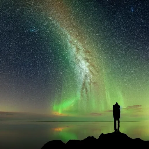 Image similar to 4K Epic Ultra HD detailed award-winning wallpaper silhouette of lonely man standing on rock looking at huge vast sky universe Milky Way aurora