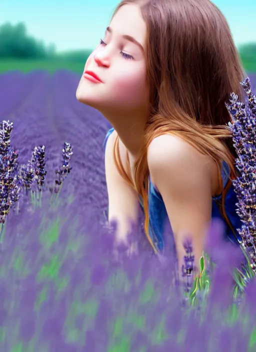 Prompt: girl eating a rose in a lavender field. by AquaSixio, hyperrealistic illustration, digital art, 4k, very detailed faces