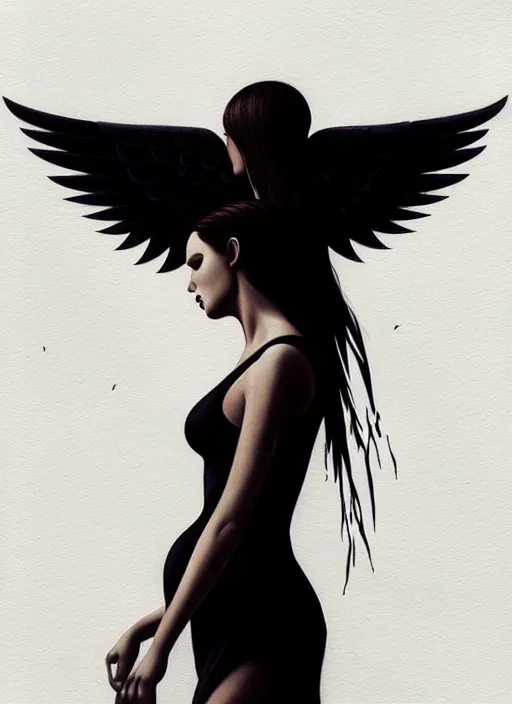 Image similar to silhouette of beautiful woman with wings holding her baby, latina, rule of thirds, haze, intricate, anime, symmetrical!!, makeup, loreal, maybelline, trending on artstation, art by greg rutkowski, filmic, vsco, concept art, artstation, digital painting, elegant, model