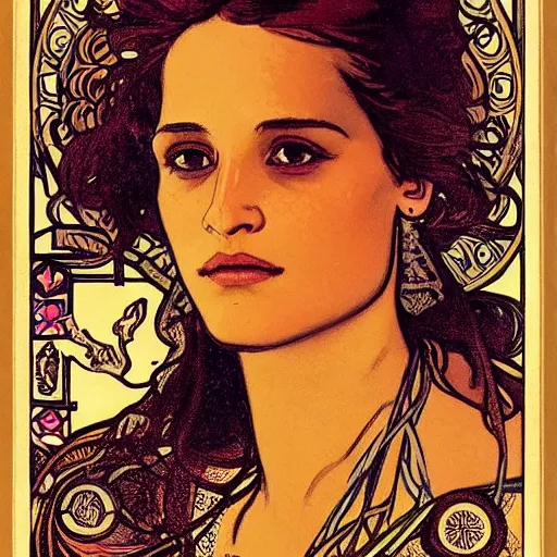 Image similar to alicia vikander portrait by louis - theophile hingre and alphonse mucha, realistic, sharp focus, zodiac signs, tarot cards, planets, ethereal, art nouveau, magic, moon, sun, crown, dreamy, royal, jewellery